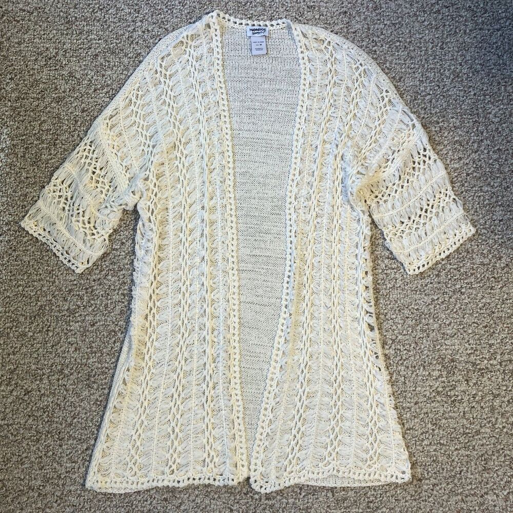 Monroe & Main Open Knit Cardigan Size M Cream Beachy Boho Crochet Open Kimono